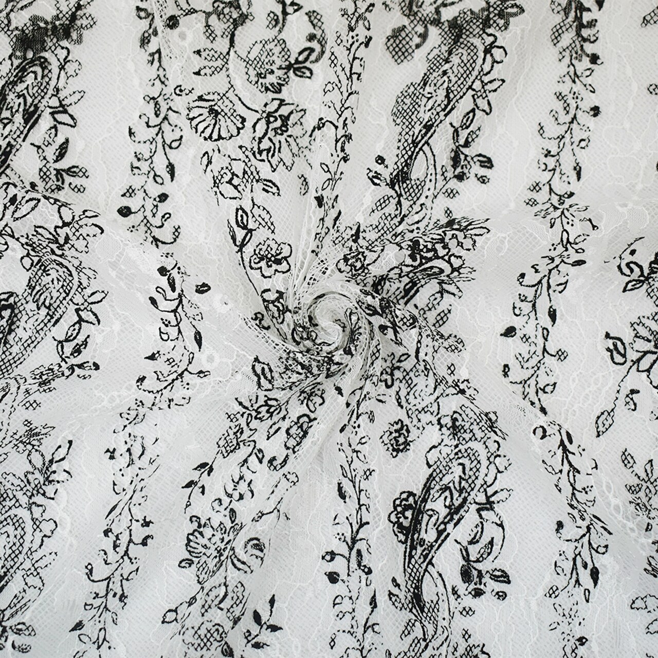 White-Black Nylon Floral Paisley Printed Lace Mesh Knit Fabric By the Yard